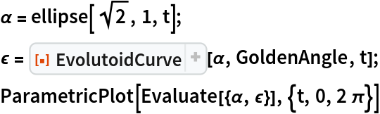 \[Alpha] = ellipse[Sqrt[2], 1, t];
\[Epsilon] = ResourceFunction["EvolutoidCurve"][\[Alpha], GoldenAngle, t];
ParametricPlot[Evaluate[{\[Alpha], \[Epsilon]}], {t, 0, 2 \[Pi]}]