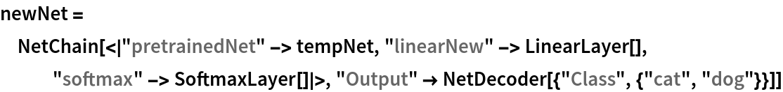 newNet = NetChain[<|"pretrainedNet" -> tempNet, "linearNew" -> LinearLayer[], "softmax" -> SoftmaxLayer[]|>, "Output" -> NetDecoder[{"Class", {"cat", "dog"}}]]