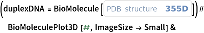 (duplexDNA = BioMolecule[ExternalIdentifier["PDBStructureID", "355D"]]) // BioMoleculePlot3D[#, ImageSize -> Small] &