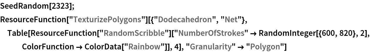SeedRandom[2323];
ResourceFunction["TexturizePolygons"][{"Dodecahedron", "Net"}, Table[ResourceFunction["RandomScribble"][
   "NumberOfStrokes" -> RandomInteger[{600, 820}, 2], ColorFunction -> ColorData["Rainbow"]], 4], "Granularity" -> "Polygon"]