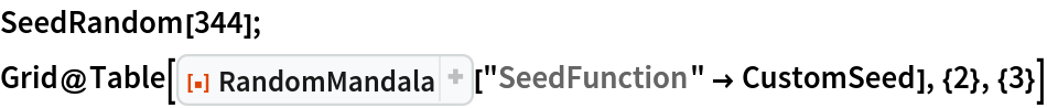 SeedRandom[344];
Grid@Table[
  ResourceFunction["RandomMandala"][
   "SeedFunction" -> CustomSeed], {2}, {3}]