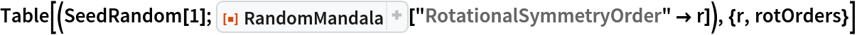 Table[(SeedRandom[1]; ResourceFunction["RandomMandala"][
   "RotationalSymmetryOrder" -> r]), {r, rotOrders}]