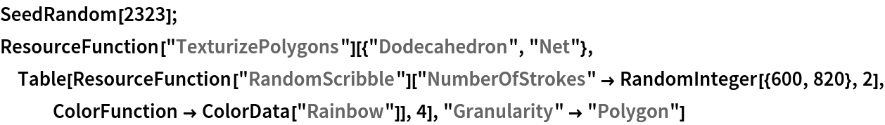 SeedRandom[2323];
ResourceFunction["TexturizePolygons"][{"Dodecahedron", "Net"}, Table[ResourceFunction["RandomScribble"][
   "NumberOfStrokes" -> RandomInteger[{600, 820}, 2], ColorFunction -> ColorData["Rainbow"]], 4], "Granularity" -> "Polygon"]