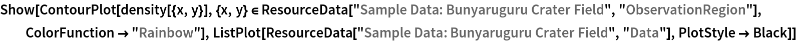 Show[ContourPlot[density[{x, y}], {x, y} \[Element] ResourceData[\!\(\*
TagBox["\"\<Sample Data: Bunyaruguru Crater Field\>\"",
#& ,
BoxID -> "ResourceTag-Sample Data: Bunyaruguru Crater Field-Input",
AutoDelete->True]\), "ObservationRegion"], ColorFunction -> "Rainbow"],
  ListPlot[ResourceData[\!\(\*
TagBox["\"\<Sample Data: Bunyaruguru Crater Field\>\"",
#& ,
BoxID -> "ResourceTag-Sample Data: Bunyaruguru Crater Field-Input",
AutoDelete->True]\), "Data"], PlotStyle -> Black]]