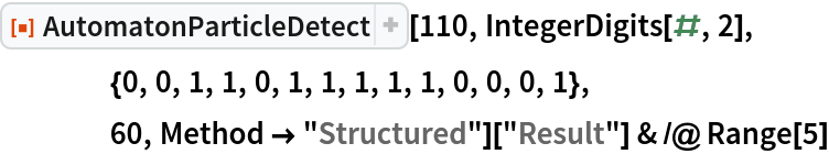 ResourceFunction["AutomatonParticleDetect"][110, IntegerDigits[#, 2],
    {0, 0, 1, 1, 0, 1, 1, 1, 1, 1, 0, 0, 0, 1},
    60, Method -> "Structured"]["Result"] & /@ Range[5]