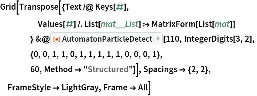 Grid[Transpose[{Text /@ Keys[#],
     Values[#] /. List[mat__List] :> MatrixForm[List[mat]]
     } &@ResourceFunction["AutomatonParticleDetect"][110, IntegerDigits[3, 2],
    {0, 0, 1, 1, 0, 1, 1, 1, 1, 1, 0, 0, 0, 1},
    60, Method -> "Structured"]], Spacings -> {2, 2},
 FrameStyle -> LightGray, Frame -> All]