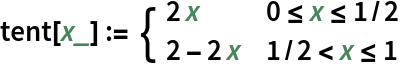 tent[x_] := \!\(\*
TagBox[GridBox[{
{"\[Piecewise]", GridBox[{
{
RowBox[{"2", "x"}], 
RowBox[{"0", "<=", "x", "<=", 
RowBox[{"1", "/", "2"}]}]},
{
RowBox[{"2", "-", 
RowBox[{"2", "x"}]}], 
RowBox[{
RowBox[{"1", "/", "2"}], "<", "x", "<=", "1"}]}
},
AllowedDimensions->{2, Automatic},
Editable->True,
GridBoxAlignment->{"Columns" -> {{Left}}, "ColumnsIndexed" -> {}, "Rows" -> {{Baseline}}, "RowsIndexed" -> {}},
GridBoxItemSize->{"Columns" -> {{Automatic}}, "ColumnsIndexed" -> {}, "Rows" -> {{1.}}, "RowsIndexed" -> {}},
GridBoxSpacings->{"Columns" -> {
Offset[
            0.27999999999999997`], {
Offset[0.84]}, 
Offset[0.27999999999999997`]}, "ColumnsIndexed" -> {}, "Rows" -> {
Offset[0.2], {
Offset[0.4]}, 
Offset[0.2]}, "RowsIndexed" -> {}},
Selectable->True]}
},
GridBoxAlignment->{"Columns" -> {{Left}}, "ColumnsIndexed" -> {}, "Rows" -> {{Baseline}}, "RowsIndexed" -> {}},
GridBoxItemSize->{"Columns" -> {{Automatic}}, "ColumnsIndexed" -> {}, "Rows" -> {{1.}}, "RowsIndexed" -> {}},
GridBoxSpacings->{"Columns" -> {
Offset[
         0.27999999999999997`], {
Offset[0.35]}, 
Offset[0.27999999999999997`]}, "ColumnsIndexed" -> {}, "Rows" -> {
Offset[0.2], {
Offset[0.4]}, 
Offset[0.2]}, "RowsIndexed" -> {}}],
"Piecewise",
DeleteWithContents->True,
Editable->False,
SelectWithContents->True,
Selectable->False,
StripWrapperBoxes->True]\)