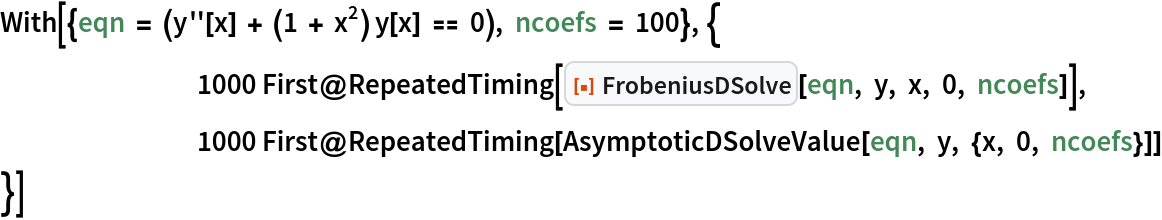 With[{eqn = (y''[x] + (1 + x^2) y[x] == 0), ncoefs = 100}, {
  		1000 First@
    RepeatedTiming[
     ResourceFunction["FrobeniusDSolve"][eqn, y, x, 0, ncoefs]],
  		1000 First@
    RepeatedTiming[AsymptoticDSolveValue[eqn, y, {x, 0, ncoefs}]]
  }]