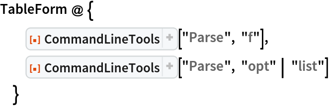 TableForm @ {
  ResourceFunction["CommandLineTools"]["Parse", "f"], ResourceFunction["CommandLineTools"]["Parse", "opt" | "list"]
  }