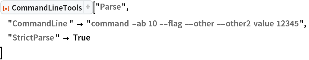 ResourceFunction["CommandLineTools"]["Parse",
 "CommandLine" -> "command -ab 10 --flag --other --other2 value 12345",
 "StrictParse" -> True
 ]
