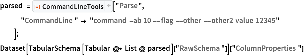 parsed = ResourceFunction[
   "CommandLineTools", ResourceSystemBase -> "https://www.wolframcloud.com/obj/resourcesystem/api/1.0"]["Parse", "CommandLine" -> "command -ab 10 --flag --other --other2 value 12345"
   ];
Dataset[TabularSchema[Tabular @* List @ parsed][
   "RawSchema"]]["ColumnProperties"]