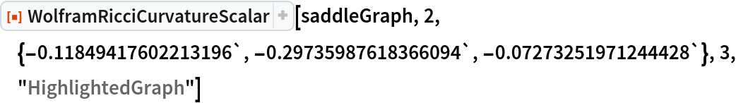 ResourceFunction[
 "WolframRicciCurvatureScalar"][saddleGraph, 2, \
{-0.11849417602213196`, -0.29735987618366094`, \
-0.07273251971244428`}, 3, "HighlightedGraph"]