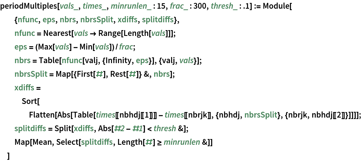 periodMultiples[vals_, times_, minrunlen_ : 15, frac_ : 300, thresh_ : .1] := Module[
  {nfunc, eps, nbrs, nbrsSplit, xdiffs, splitdiffs},
  nfunc = Nearest[vals -> Range[Length[vals]]];
  eps = (Max[vals] - Min[vals])/frac;
  nbrs = Table[nfunc[valj, {Infinity, eps}], {valj, vals}];
  nbrsSplit = Map[{First[#], Rest[#]} &, nbrs];
  xdiffs = Sort[Flatten[
     Abs[Table[
       times[[nbhdj[[1]]]] - times[[nbrjk]], {nbhdj, nbrsSplit}, {nbrjk, nbhdj[[2]]}]]]];
  splitdiffs = Split[xdiffs, Abs[#2 - #1] < thresh &];
  Map[Mean, Select[splitdiffs, Length[#] >= minrunlen &]]
  ]