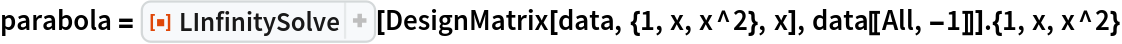 parabola = ResourceFunction["LInfinitySolve"][DesignMatrix[data, {1, x, x^2}, x],
    data[[All, -1]]] . {1, x, x^2}