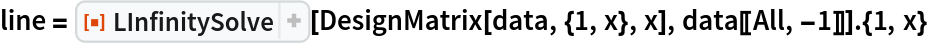 line = ResourceFunction["LInfinitySolve"][
   DesignMatrix[data, {1, x}, x], data[[All, -1]]] . {1, x}