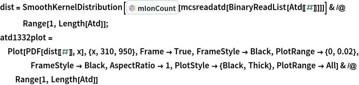 dist = SmoothKernelDistribution[InterpretationBox[FrameBox[TagBox[TooltipBox[PaneBox[GridBox[List[List[GraphicsBox[List[Thickness[0.0025`], List[FaceForm[List[RGBColor[0.9607843137254902`, 0.5058823529411764`, 0.19607843137254902`], Opacity[1.`]]], FilledCurveBox[List[List[List[0, 2, 0], List[0, 1, 0], List[0, 1, 0], List[0, 1, 0], List[0, 1, 0]], List[List[0, 2, 0], List[0, 1, 0], List[0, 1, 0], List[0, 1, 0], List[0, 1, 0]], List[List[0, 2, 0], List[0, 1, 0], List[0, 1, 0], List[0, 1, 0], List[0, 1, 0], List[0, 1, 0]], List[List[0, 2, 0], List[1, 3, 3], List[0, 1, 0], List[1, 3, 3], List[0, 1, 0], List[1, 3, 3], List[0, 1, 0], List[1, 3, 3], List[1, 3, 3], List[0, 1, 0], List[1, 3, 3], List[0, 1, 0], List[1, 3, 3]]], List[List[List[205.`, 22.863691329956055`], List[205.`, 212.31669425964355`], List[246.01799774169922`, 235.99870109558105`], List[369.0710144042969`, 307.0436840057373`], List[369.0710144042969`, 117.59068870544434`], List[205.`, 22.863691329956055`]], List[List[30.928985595703125`, 307.0436840057373`], List[153.98200225830078`, 235.99870109558105`], List[195.`, 212.31669425964355`], List[195.`, 22.863691329956055`], List[30.928985595703125`, 117.59068870544434`], List[30.928985595703125`, 307.0436840057373`]], List[List[200.`, 410.42970085144043`], List[364.0710144042969`, 315.7036876678467`], List[241.01799774169922`, 244.65868949890137`], List[200.`, 220.97669792175293`], List[158.98200225830078`, 244.65868949890137`], List[35.928985595703125`, 315.7036876678467`], List[200.`, 410.42970085144043`]], List[List[376.5710144042969`, 320.03370475769043`], List[202.5`, 420.53370475769043`], List[200.95300006866455`, 421.42667961120605`], List[199.04699993133545`, 421.42667961120605`], List[197.5`, 420.53370475769043`], List[23.428985595703125`, 320.03370475769043`], List[21.882003784179688`, 319.1406993865967`], List[20.928985595703125`, 317.4896984100342`], List[20.928985595703125`, 315.7036876678467`], List[20.928985595703125`, 114.70369529724121`], List[20.928985595703125`, 112.91769218444824`], List[21.882003784179688`, 111.26669120788574`], List[23.428985595703125`, 110.37369346618652`], List[197.5`, 9.87369155883789`], List[198.27300024032593`, 9.426692008972168`], List[199.13700008392334`, 9.203690528869629`], List[200.`, 9.203690528869629`], List[200.86299991607666`, 9.203690528869629`], List[201.72699999809265`, 9.426692008972168`], List[202.5`, 9.87369155883789`], List[376.5710144042969`, 110.37369346618652`], List[378.1179962158203`, 111.26669120788574`], List[379.0710144042969`, 112.91769218444824`], List[379.0710144042969`, 114.70369529724121`], List[379.0710144042969`, 315.7036876678467`], List[379.0710144042969`, 317.4896984100342`], List[378.1179962158203`, 319.1406993865967`], List[376.5710144042969`, 320.03370475769043`]]]]], List[FaceForm[List[RGBColor[0.5529411764705883`, 0.6745098039215687`, 0.8117647058823529`], Opacity[1.`]]], FilledCurveBox[List[List[List[0, 2, 0], List[0, 1, 0], List[0, 1, 0], List[0, 1, 0]]], List[List[List[44.92900085449219`, 282.59088134765625`], List[181.00001525878906`, 204.0298843383789`], List[181.00001525878906`, 46.90887451171875`], List[44.92900085449219`, 125.46986389160156`], List[44.92900085449219`, 282.59088134765625`]]]]], List[FaceForm[List[RGBColor[0.6627450980392157`, 0.803921568627451`, 0.5686274509803921`], Opacity[1.`]]], FilledCurveBox[List[List[List[0, 2, 0], List[0, 1, 0], List[0, 1, 0], List[0, 1, 0]]], List[List[List[355.0710144042969`, 282.59088134765625`], List[355.0710144042969`, 125.46986389160156`], List[219.`, 46.90887451171875`], List[219.`, 204.0298843383789`], List[355.0710144042969`, 282.59088134765625`]]]]], List[FaceForm[List[RGBColor[0.6901960784313725`, 0.5882352941176471`, 0.8117647058823529`], Opacity[1.`]]], FilledCurveBox[List[List[List[0, 2, 0], List[0, 1, 0], List[0, 1, 0], List[0, 1, 0]]], List[List[List[200.`, 394.0606994628906`], List[336.0710144042969`, 315.4997024536133`], List[200.`, 236.93968200683594`], List[63.928985595703125`, 315.4997024536133`], List[200.`, 394.0606994628906`]]]]]], List[Rule[BaselinePosition, Scaled[0.15`]], Rule[ImageSize, 10], Rule[ImageSize, 15]]], StyleBox[RowBox[List["mIonCount", " "]], Rule[ShowAutoStyles, False], Rule[ShowStringCharacters, False], Rule[FontSize, Times[0.9`, Inherited]], Rule[FontColor, GrayLevel[0.1`]]]]], Rule[GridBoxSpacings, List[Rule["Columns", List[List[0.25`]]]]]], Rule[Alignment, List[Left, Baseline]], Rule[BaselinePosition, Baseline], Rule[FrameMargins, List[List[3, 0], List[0, 0]]], Rule[BaseStyle, List[Rule[LineSpacing, List[0, 0]], Rule[LineBreakWithin, False]]]], RowBox[List["PacletSymbol", "[", RowBox[List["\"YingyingJin/IMMSATD\"", ",", "\"YingyingJin`IMMSATD`mIonCount\""]], "]"]], Rule[TooltipStyle, List[Rule[ShowAutoStyles, True], Rule[ShowStringCharacters, True]]]], Function[Annotation[Slot[1], Style[Defer[PacletSymbol["YingyingJin/IMMSATD", "YingyingJin`IMMSATD`mIonCount"]], Rule[ShowStringCharacters, True]], "Tooltip"]]], Rule[Background, RGBColor[0.968`, 0.976`, 0.984`]], Rule[BaselinePosition, Baseline], Rule[DefaultBaseStyle, List[]], Rule[FrameMargins, List[List[0, 0], List[1, 1]]], Rule[FrameStyle, RGBColor[0.831`, 0.847`, 0.85`]], Rule[RoundingRadius, 4]], PacletSymbol["YingyingJin/IMMSATD", "YingyingJin`IMMSATD`mIonCount"], Rule[Selectable, False], Rule[SelectWithContents, True], Rule[BoxID, "PacletSymbolBox"]][
      mcsreadatd[BinaryReadList[Atd[[#]]]]]] & /@ Range[1, Length[Atd]];
atd1332plot = Plot[PDF[dist[[#]], x], {x, 310, 950}, Frame -> True, FrameStyle -> Black, PlotRange -> {0, 0.02}, FrameStyle -> Black, AspectRatio -> 1, PlotStyle -> {Black, Thick}, PlotRange -> All] & /@ Range[1, Length[Atd]]