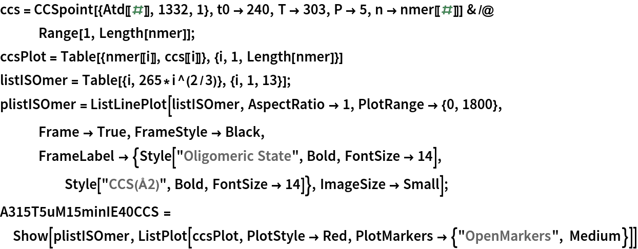 ccs = CCSpoint[{Atd[[#]], 1332, 1}, t0 -> 240, T -> 303, P -> 5, n -> nmer[[#]]] & /@ Range[1, Length[nmer]];
ccsPlot = Table[{nmer[[i]], ccs[[i]]}, {i, 1, Length[nmer]}]
listISOmer = Table[{i, 265*i^(2/3)}, {i, 1, 13}];
plistISOmer = ListLinePlot[listISOmer, AspectRatio -> 1, PlotRange -> {0, 1800}, Frame -> True, FrameStyle -> Black, FrameLabel -> {Style["Oligomeric State", Bold, FontSize -> 14], Style["CCS(\[Angstrom]2)", Bold, FontSize -> 14]}, ImageSize -> Small];
A315T5uM15minIE40CCS = Show[plistISOmer, ListPlot[ccsPlot, PlotStyle -> Red, PlotMarkers -> {"OpenMarkers", Medium}]]