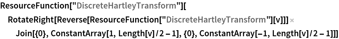 ResourceFunction["DiscreteHartleyTransform"][
 RotateRight[
   Reverse[ResourceFunction["DiscreteHartleyTransform"][v]]] Join[{0},
    ConstantArray[1, Length[v]/2 - 1], {0}, ConstantArray[-1, Length[v]/2 - 1]]]