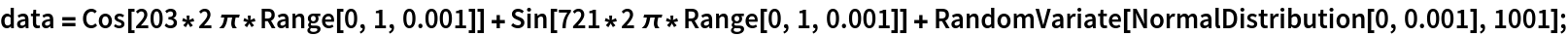 data = Cos[203*2 \[Pi]*Range[0, 1, 0.001]] + Sin[721*2 \[Pi]*Range[0, 1, 0.001]] + RandomVariate[NormalDistribution[0, 0.001], 1001];