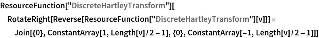 ResourceFunction["DiscreteHartleyTransform"][
 RotateRight[
   Reverse[ResourceFunction["DiscreteHartleyTransform"][v]]] Join[{0},
    ConstantArray[1, Length[v]/2 - 1], {0}, ConstantArray[-1, Length[v]/2 - 1]]]