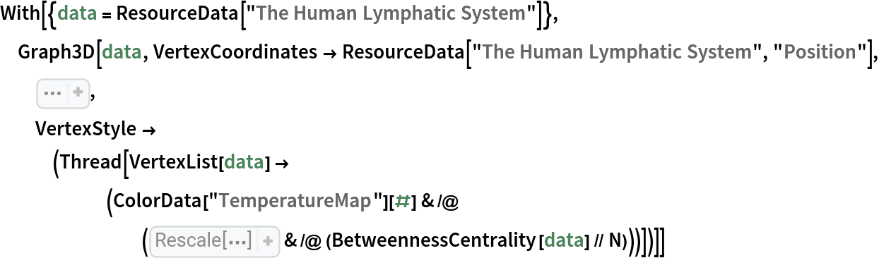 With[{data = ResourceData[\!\(\*
TagBox["\"\<The Human Lymphatic System\>\"",
#& ,
BoxID -> "ResourceTag-The Human Lymphatic System-Input",
AutoDelete->True]\)]}, Graph3D[data, VertexCoordinates -> ResourceData[\!\(\*
TagBox["\"\<The Human Lymphatic System\>\"",
#& ,
BoxID -> "ResourceTag-The Human Lymphatic System-Input",
AutoDelete->True]\), "Position"], Sequence[
  EdgeShapeFunction -> "Line", EdgeStyle -> Directive[Gray, 
Thickness[0.001]], VertexSize -> 350], VertexStyle -> (Thread[
     VertexList[
       data] -> (ColorData[
           "TemperatureMap"][#] & /@ (Rescale[<|{"ResourceType" -> "Data", "NotebookObject" -> NotebookObject[
               "b918dcda-fe77-42cf-92e3-eaaa6cadcbf4", "19961687-df1a-40bf-882d-ee176a8dcf1a"], "Preflight" -> {},
               "Name" -> "The Human Lymphatic System", "Description" -> "A three-dimensional graph where lymphatic organs and junctions are modeled as nodes and lymphatic vessels as edges"}|>, {
Min[
BetweennessCentrality[data]], 
Max[
BetweennessCentrality[data]]}, {0, 1}] & /@ (BetweennessCentrality[data] // N)))])]]