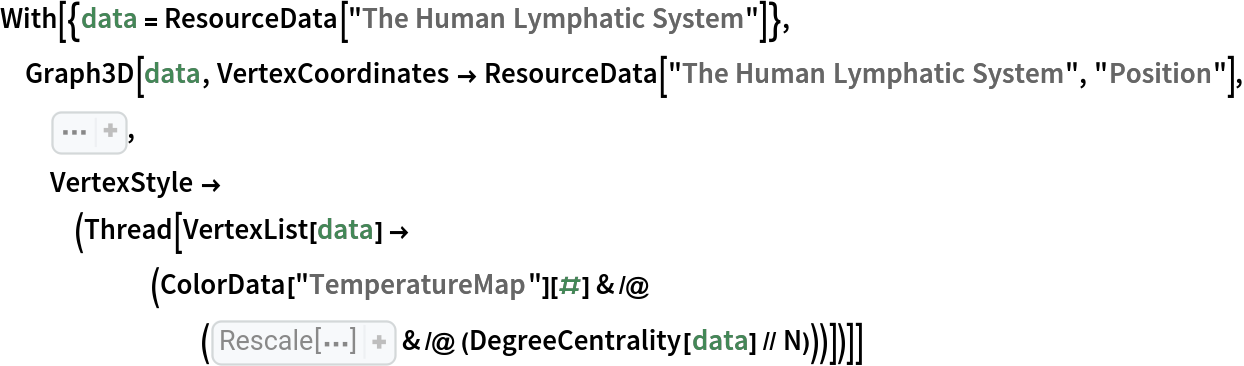 With[{data = ResourceData[\!\(\*
TagBox["\"\<The Human Lymphatic System\>\"",
#& ,
BoxID -> "ResourceTag-The Human Lymphatic System-Input",
AutoDelete->True]\)]}, Graph3D[data, VertexCoordinates -> ResourceData[\!\(\*
TagBox["\"\<The Human Lymphatic System\>\"",
#& ,
BoxID -> "ResourceTag-The Human Lymphatic System-Input",
AutoDelete->True]\), "Position"], Sequence[
  EdgeShapeFunction -> "Line", EdgeStyle -> Directive[Gray, 
Thickness[0.001]], VertexSize -> 350], VertexStyle -> (Thread[
     VertexList[
       data] -> (ColorData[
           "TemperatureMap"][#] & /@ (Rescale[<|{"ResourceType" -> "Data", "NotebookObject" -> NotebookObject[
               "b918dcda-fe77-42cf-92e3-eaaa6cadcbf4", "19961687-df1a-40bf-882d-ee176a8dcf1a"], "Preflight" -> {},
               "Name" -> "The Human Lymphatic System", "Description" -> "A three-dimensional graph where lymphatic organs and junctions are modeled as nodes and lymphatic vessels as edges"}|>, {
Min[
DegreeCentrality[data]], 
Max[
DegreeCentrality[data]]}, {0, 1}] & /@ (DegreeCentrality[data] // N)))])]]