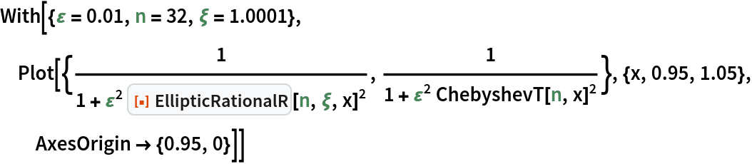 With[{\[CurlyEpsilon] = 0.01, n = 32, \[Xi] = 1.0001}, Plot[{1/(1 + \[CurlyEpsilon]^2 ResourceFunction["EllipticRationalR"][
      n, \[Xi], x]^2), 1/(
   1 + \[CurlyEpsilon]^2 ChebyshevT[n, x]^2)}, {x, 0.95, 1.05}, AxesOrigin -> {0.95, 0}]]