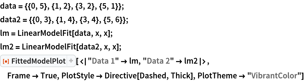 data = {{0, 5}, {1, 2}, {3, 2}, {5, 1}};
data2 = {{0, 3}, {1, 4}, {3, 4}, {5, 6}};
lm = LinearModelFit[data, x, x];
lm2 = LinearModelFit[data2, x, x];
ResourceFunction[
 "FittedModelPlot"][<|"Data 1" -> lm, "Data 2" -> lm2|>,
 Frame -> True, PlotStyle -> Directive[Dashed, Thick], PlotTheme -> "VibrantColor"]
