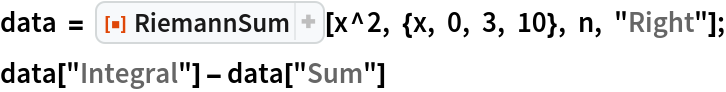data = ResourceFunction["RiemannSum"][x^2, {x, 0, 3, 10}, n, "Right"];
data["Integral"] - data["Sum"]