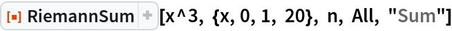 ResourceFunction["RiemannSum"][x^3, {x, 0, 1, 20}, n, All, "Sum"]
