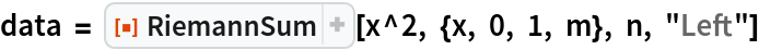 data = ResourceFunction["RiemannSum"][x^2, {x, 0, 1, m}, n, "Left"]