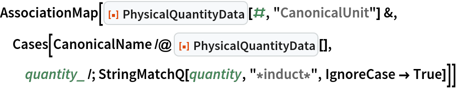 AssociationMap[
 ResourceFunction["PhysicalQuantityData"][#, "CanonicalUnit"] &, Cases[CanonicalName /@ ResourceFunction["PhysicalQuantityData"][], quantity_ /; StringMatchQ[quantity, "*induct*", IgnoreCase -> True]]]