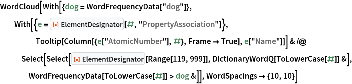 WordCloud[With[{dog = WordFrequencyData["dog"]},
  With[{e = ResourceFunction["ElementDesignator"][#, "PropertyAssociation"]}, Tooltip[Column[{e["AtomicNumber"], #}, Frame -> True], e["Name"]]] & /@ Select[Select[
     ResourceFunction["ElementDesignator"][Range[119, 999]], DictionaryWordQ[ToLowerCase[#]] &], WordFrequencyData[ToLowerCase[#]] > dog &]], WordSpacings -> {10, 10}]