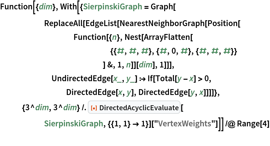 Function[{dim}, With[{SierpinskiGraph = Graph[
      ReplaceAll[EdgeList[NearestNeighborGraph[Position[
          Function[{n}, Nest[ArrayFlatten[
               {{#, #, #}, {#, 0, #}, {#, #, #}}
               ] &, 1, n]][dim], 1]]],
       UndirectedEdge[x_, y_] :> If[Total[y - x] > 0,
         DirectedEdge[x, y], DirectedEdge[y, x]]]]},
   {3^dim, 3^dim} /. ResourceFunction["DirectedAcyclicEvaluate"][
      SierpinskiGraph, {{1, 1} -> 1}]["VertexWeights"]]] /@ Range[4]

