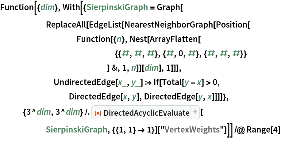 Function[{dim}, With[{SierpinskiGraph = Graph[
      ReplaceAll[EdgeList[NearestNeighborGraph[Position[
          Function[{n}, Nest[ArrayFlatten[
               {{#, #, #}, {#, 0, #}, {#, #, #}}
               ] &, 1, n]][dim], 1]]],
       UndirectedEdge[x_, y_] :> If[Total[y - x] > 0,
         DirectedEdge[x, y], DirectedEdge[y, x]]]]},
   {3^dim, 3^dim} /. ResourceFunction["DirectedAcyclicEvaluate"][
      SierpinskiGraph, {{1, 1} -> 1}]["VertexWeights"]]] /@ Range[4]
