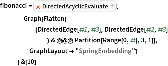 fibonacci = ResourceFunction[
    "DirectedAcyclicEvaluate", ResourceSystemBase -> "https://www.wolframcloud.com/obj/resourcesystem/api/1.0"][
    Graph[Flatten[
      {DirectedEdge[#1, #3], DirectedEdge[#2, #3]
         } & @@@ Partition[Range[0, #], 3, 1]],
     GraphLayout -> "SpringEmbedding"]
    ] &[10]