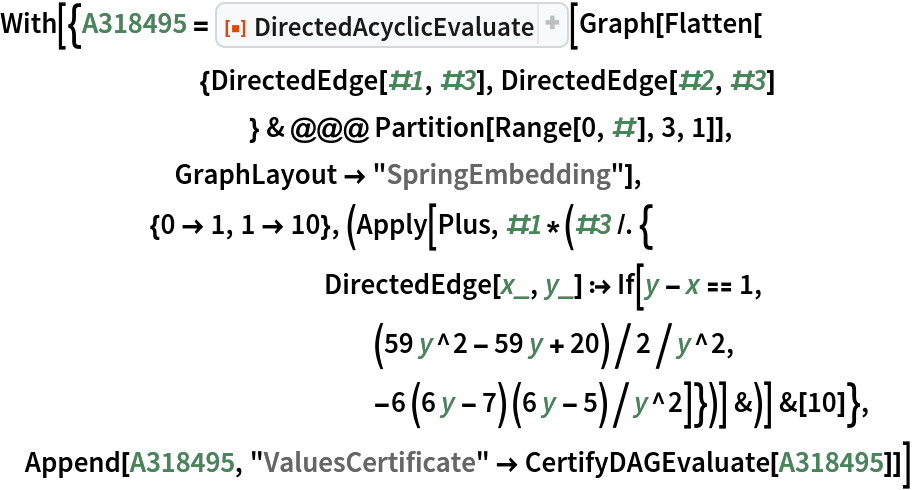 With[{A318495 = ResourceFunction["DirectedAcyclicEvaluate"][Graph[Flatten[
        {DirectedEdge[#1, #3], DirectedEdge[#2, #3]
           } & @@@ Partition[Range[0, #], 3, 1]],
       GraphLayout -> "SpringEmbedding"],
      {0 -> 1, 1 -> 10}, (Apply[Plus, #1*(#3 /. {
             DirectedEdge[x_, y_] :> If[y - x == 1,
               (59 y^2 - 59 y + 20)/2/y^2,
               -6 (6 y - 7) (6 y - 5)/y^2]})] &)] &[10]},
 Append[A318495, "ValuesCertificate" -> CertifyDAGEvaluate[A318495]]]