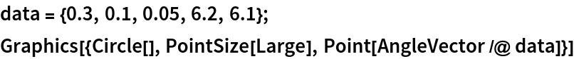 data = {0.3, 0.1, 0.05, 6.2, 6.1};
Graphics[{Circle[], PointSize[Large], Point[AngleVector /@ data]}]