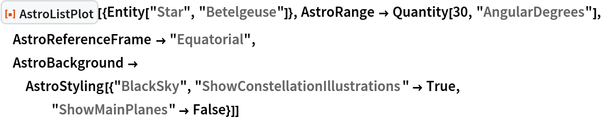 ResourceFunction["AstroListPlot"][{Entity["Star", "Betelgeuse"]}, AstroRange -> Quantity[30, "AngularDegrees"], AstroReferenceFrame -> "Equatorial", AstroBackground -> AstroStyling[{"BlackSky", "ShowConstellationIllustrations" -> True, "ShowMainPlanes" -> False}]]