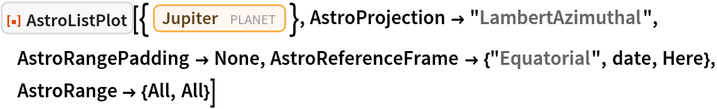 ResourceFunction["AstroListPlot"][{Entity["Planet", "Jupiter"]}, AstroProjection -> "LambertAzimuthal", AstroRangePadding -> None, AstroReferenceFrame -> {"Equatorial", date, Here}, AstroRange -> {All, All}]