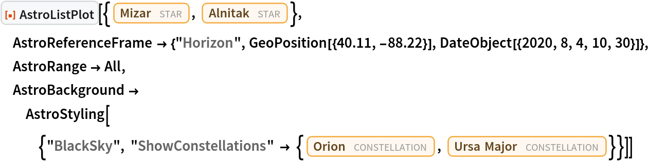 ResourceFunction["AstroListPlot", ResourceVersion->"1.0.0"][{Entity["Star", "Mizar"], Entity["Star", "Alnitak"]},
  AstroReferenceFrame -> {"Horizon", GeoPosition[{40.11, -88.22}], DateObject[{2020, 8, 4, 10, 30}]}, AstroRange -> All, AstroBackground -> AstroStyling[{"BlackSky", "ShowConstellations" -> {Entity["Constellation", "Orion"], Entity["Constellation", "UrsaMajor"]}}]]