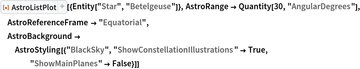 ResourceFunction[
 "AstroListPlot", ResourceSystemBase -> "https://www.wolframcloud.com/obj/resourcesystem/api/1.0"][{Entity["Star", "Betelgeuse"]}, AstroRange -> Quantity[30, "AngularDegrees"], AstroReferenceFrame -> "Equatorial", AstroBackground -> AstroStyling[{"BlackSky", "ShowConstellationIllustrations" -> True, "ShowMainPlanes" -> False}]]