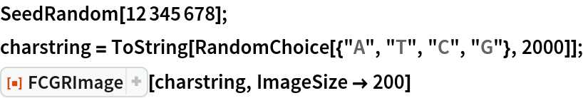 SeedRandom[12345678];
charstring = ToString[RandomChoice[{"A", "T", "C", "G"}, 2000]];
ResourceFunction["FCGRImage"][charstring, ImageSize -> 200]