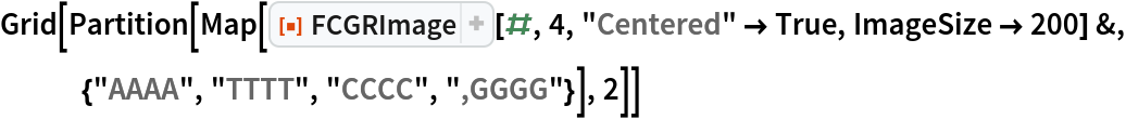 Grid[Partition[
  Map[ResourceFunction["FCGRImage"][#, 4, "Centered" -> True, ImageSize -> 200] &, {"AAAA", "TTTT", "CCCC", ",GGGG"}], 2]]