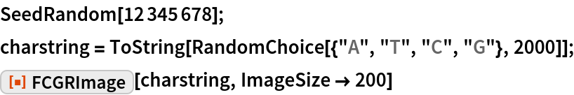 SeedRandom[12345678];
charstring = ToString[RandomChoice[{"A", "T", "C", "G"}, 2000]];
ResourceFunction["FCGRImage"][charstring, ImageSize -> 200]