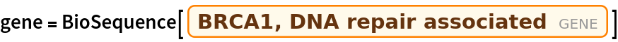 gene = BioSequence[
  Entity["Gene", {"BRCA1", {"Species" -> "HomoSapiens"}}]]