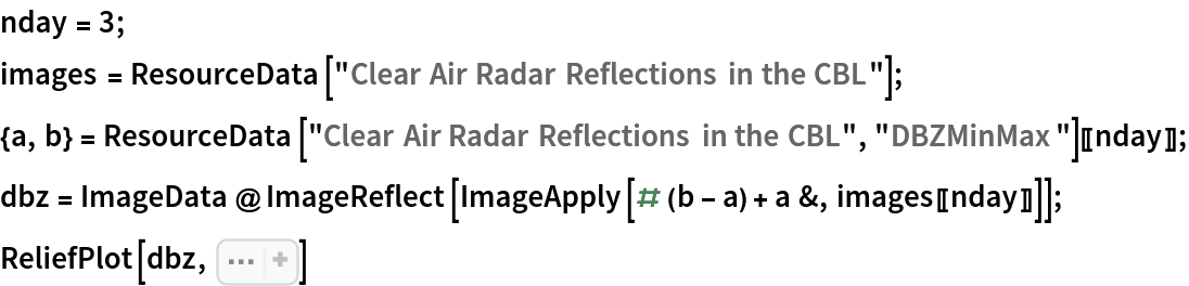 nday = 3;
images = ResourceData[\!\(\*
TagBox["\"\<Clear Air Radar Reflections in the CBL\>\"",
#& ,
BoxID -> "ResourceTag-Clear Air Radar Reflections in the CBL-Input",
AutoDelete->True]\)];
{a, b} = ResourceData[\!\(\*
TagBox["\"\<Clear Air Radar Reflections in the CBL\>\"",
#& ,
BoxID -> "ResourceTag-Clear Air Radar Reflections in the CBL-Input",
AutoDelete->True]\), "DBZMinMax"][[nday]];
dbz = ImageData@ImageReflect[ImageApply[# (b - a) + a &, images[[nday]]]];
ReliefPlot[dbz, Sequence[
 PlotRange -> {b - 50, b - 10}, FrameTicks -> True, DataRange -> {{0, 24}, (Sin[80 Degree] 3.125) {0, 512}}, AspectRatio -> 0.4, ImageSize -> 800, FrameLabel -> {"Universal Standard Time (hours)", "Altitude (m)"}, BaseStyle -> {FontSize -> 14}, PlotLegends -> BarLegend[Automatic, LegendLabel -> "dBZ"], ClippingStyle -> {Black, Yellow}]]