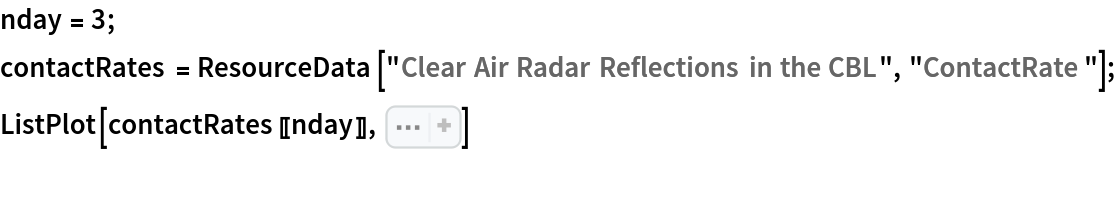 nday = 3;
contactRates = ResourceData[\!\(\*
TagBox["\"\<Clear Air Radar Reflections in the CBL\>\"",
#& ,
BoxID -> "ResourceTag-Clear Air Radar Reflections in the CBL-Input",
AutoDelete->True]\), "ContactRate"];
ListPlot[contactRates[[nday]], Sequence[
 Axes -> False, Frame -> True, FrameLabel -> {"Universal Standard Time (hours)", "Range Gates with Contacts"}, AspectRatio -> 1, BaseStyle -> {FontSize -> 14}]]

