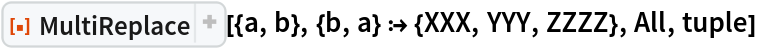 ResourceFunction[
 "MultiReplace"][{a, b}, {b, a} :> {XXX, YYY, ZZZZ}, All, tuple]