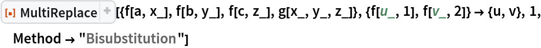 ResourceFunction[
 "MultiReplace"][{f[a, x_], f[b, y_], f[c, z_], g[x_, y_, z_]}, {f[u_, 1], f[v_, 2]} -> {u, v}, 1, Method -> "Bisubstitution"]